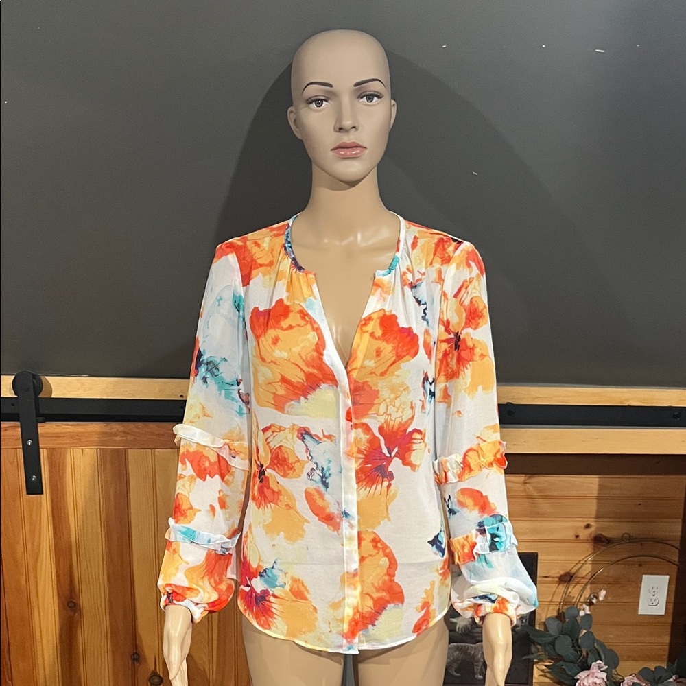 White House Black Market Orange and Blue Floral Blouse